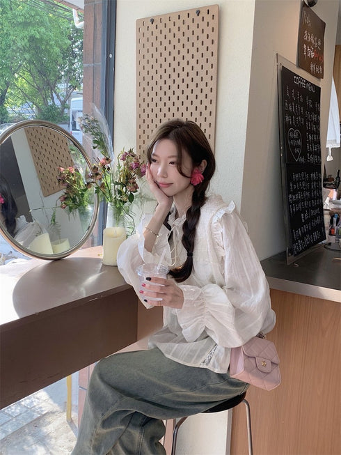 Women Vintage Ruffle Tie Latern Flare Sleeves Tops